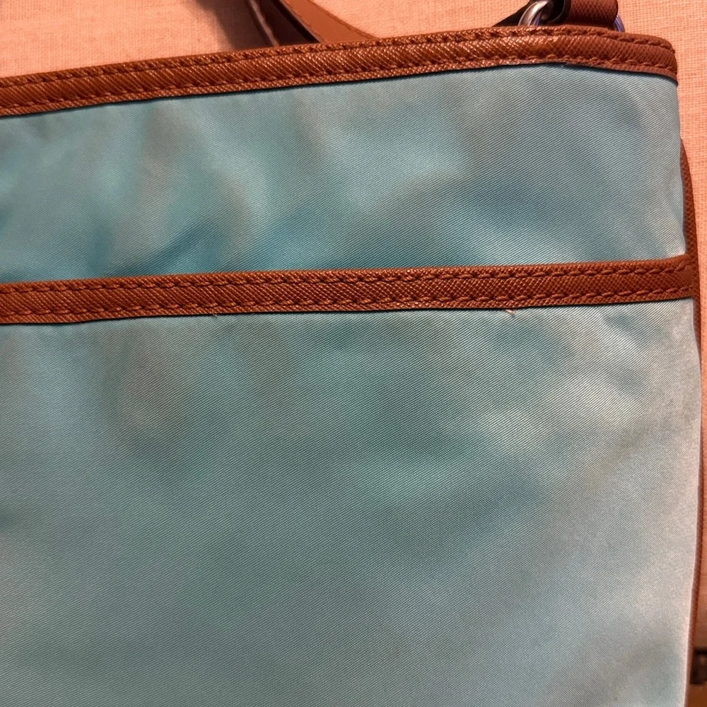 Michael Kors “Kempton” Aquamarine Nylon Crossbody Bag with Leather Trim